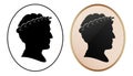 Silhouette portrait of Caesar ruler in black oval frame and cameo jewelry, vector illustration.