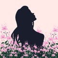 Silhouette Portrait of Peaceful Woman on Beautiful Pink Flowers Landscape for Happy Women\'s Day Celebration