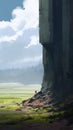 Concept Art Painting: Large Cliff In Field With Columns And Totems