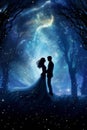 Two lovers standing beneath a radial gradient blue abstract fantasy sky with silhouette trees and flowing star dots. AI generated. Royalty Free Stock Photo