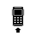 Silhouette POS credit card terminal. Outline payment machine with arrow pointer. Black illustration of wireless reader with