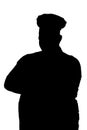 silhouette of a pot-bellied funny chef in a hat, male cooker folded his arms over his chest on a white isolated backg