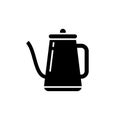 Silhouette Pour over coffee kettle. Outline icon of punch pot with long spout. Black simple illustration of hand teapot for