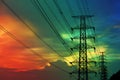 silhouette power electric pole and electric line colorful sunset Royalty Free Stock Photo