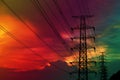 silhouette power electric pole and electric line colorful sunset Royalty Free Stock Photo