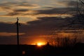 Silhouette of power lines and branches against the sunset sky with the sun Royalty Free Stock Photo