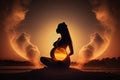 Pregnant woman silhouette yoga is sunset. Generative Ai