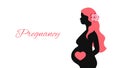 Silhouette of pregnant woman in profile isolated. Young expectant mother with long hair and flower. Pregnancy text. Vector