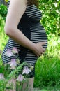 Silhouette of a pregnant woman in a striped dress with hands on belly in profile Royalty Free Stock Photo