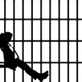 Silhouette prisoner in jail cell, modern with bars. Banner vector illustration metal lattice. Detention centre cells metallic.