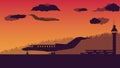 silhouette private jet airplane and air traffic control tower on orange gradient background Royalty Free Stock Photo