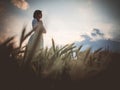 Silhouette profile of a beautiful girl in a dress in the field enjoying the sky during sunset, a young woman walking in nature, Royalty Free Stock Photo