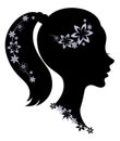 Silhouette profile of a cute lady s head. The girl has a haircut tail for long beautiful hair, decorated with flowers. Suitable Royalty Free Stock Photo