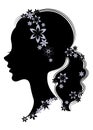 Silhouette profile of a cute lady s head. The girl has a haircut tail for long beautiful hair, decorated with flowers. Suitable Royalty Free Stock Photo