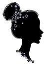 Silhouette profile of a cute lady s head. The girl has long beautiful hair, decorated with purple flowers. Suitable for Royalty Free Stock Photo