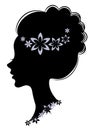 Silhouette profile of a cute lady s head. The girl has long beautiful hair, decorated with purple flowers. Suitable for Royalty Free Stock Photo