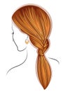 Silhouette profile of a cute lady`s head. The girl shows the female hairstyle braid on medium and long hair. Suitable for