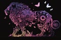 Silhouette In Profile Of A Lion Running Made Of Gears Flowers. Generative AI