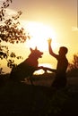 Silhouette profile of man and dog on nature, boy train German Shepherd sitting on a concrete slab at sunset in a field, concept Royalty Free Stock Photo