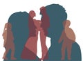 Silhouette of profile of man and woman, which looking each other and silhouette of the couple in full growth and silhouette of