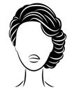 Silhouette of a profile of a sweet lady`s head. The girl shows a female hairstyle on medium and long hair. Suitable for logo,