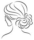 Silhouette of a profile of a sweet lady`s head. The girl shows a female hairstyle on medium and long hair. Suitable for logo,