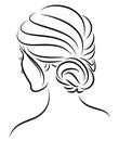 Silhouette of a profile of a sweet lady`s head. The girl shows a female hairstyle on medium and long hair. Suitable for logo,