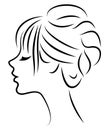 Silhouette of a profile of a sweet lady`s head. The girl shows a female hairstyle on medium and long hair. Suitable for logo,