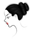 Silhouette of a profile of a sweet lady`s head. The girl shows a female hairstyle on medium and long hair. Suitable for logo,