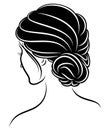 Silhouette of a profile of a sweet lady`s head. The girl shows a female hairstyle on medium and long hair. Suitable for logo,