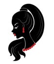 Silhouette of a profile of a sweet lady`s head. The girl shows a female hairstyle on medium and long hair, tail. Suitable for log