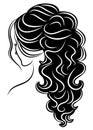 Silhouette of a profile of a sweet lady`s head. A girl shows a female tail-hairstyle on long and medium hair. Suitable for logo,