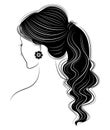 Silhouette of a profile of a sweet lady`s head. A girl shows a female tail-hairstyle on long and medium hair. Suitable for logo,