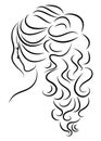 Silhouette of a profile of a sweet lady`s head. A girl shows a female tail-hairstyle on long and medium hair. Suitable for logo,