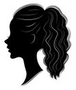 Silhouette of a profile of a sweet lady s head. A girl shows a female tail-hairstyle on long and medium hair. Suitable for logo,