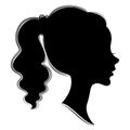 Silhouette of a profile of a sweet lady s head. A girl shows a female tail-hairstyle on long and medium hair. Suitable for logo,