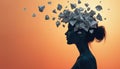 Silhouette profile of woman head with exploding paper origami. Visual metaphor for concept creation, innovation, imagination, Royalty Free Stock Photo