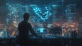 A silhouette of a programmer working on a computer with a glowing digital interface in the background