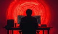 Silhouette of Programmer Working at Computer with Red Light Background