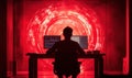 Silhouette of programmer working in dark room with red digital background and code