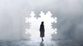 Silhouette Puzzle: A Cinematic Installation Of A Woman Emerging From The Fog Royalty Free Stock Photo