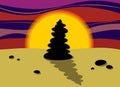 Silhouette of a pyramid of stones at sunset. Rocks cairn on the sand. Harmony and balance concept. Vector illustration