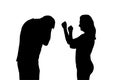 Silhouette of quarreling man and woman, isolated on a white backgrou