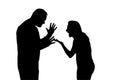 Silhouette of quarreling man and woman, isolated on a white backgrou