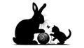 Silhouette of a rabbit and a kitten interacting with a ball of yarn Royalty Free Stock Photo