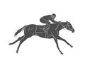 Silhouette racing horse with jockey on a white background