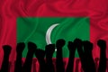 Silhouette of raised arms and clenched fists on the background of the flag of Maldives. The concept of power, conflict. With