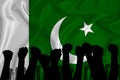 Silhouette of raised arms and clenched fists on the background of the flag of Pakistan. The concept of power, power, conflict.