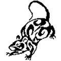 Silhouette of a rat mouse with curls of black painted squares, pixels