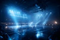 Silhouette in rave night club under blue rays beams enjoying at concert. Neural network AI generated Royalty Free Stock Photo